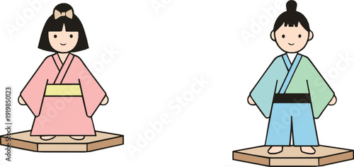 Traditional Korean children in hanbok standing on wooden platform representing cultural heritage, historical costume, and folk tradition illustrated in flat vector style