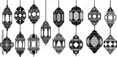 Large collection of black Arabic lantern silhouettes, traditional hanging fanoos lamps for Ramadan Kareem, Islamic decoration and middle eastern celebration,