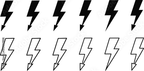 Lightning Bolt Icon Set in Solid and Outline Style Electric Flash Thunder Symbol Collection Vectorn Flat Outline and Solid Black Vector Style