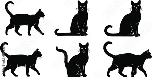 Black cat silhouette set vector illustration with different feline poses isolated on white spooky animal collection