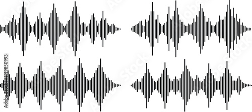 Set of black audio sound wave icons, digital signal frequency elements for music recording, podcast, radio and voice volume visualization,