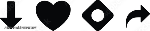 Set of black silhouette icons including downward arrow, heart shape, record button and share pointer for social media and interface,