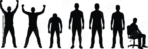 Set of black silhouettes showing man in various poses like celebrating success, standing confidently, feeling depressed and sitting on chair,