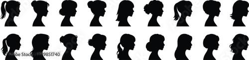Collection of diverse female profile silhouettes showcasing various hairstyles and updos woman
