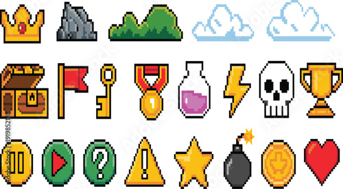 Pixel art game icons vector set, retro gaming elements with crown, treasure chest, skull, and heart