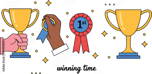 Winning trophies and award medals set symbolizing success, achievement, victory, and first place celebration illustrated in clean modern flat vector style