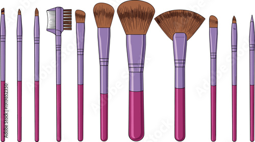 Makeup brush set vector illustration with professional cosmetic tools for eyeshadow, powder and contour beauty application