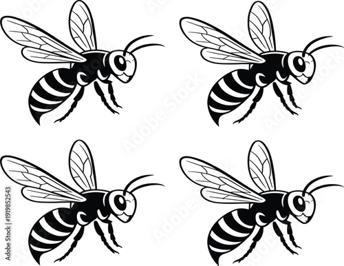 Honey bee insect vector set, flying bumblebee icon collection, isolated black and white nature wildlife illustration