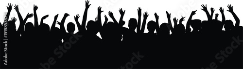 Silhouette Of A Crowd With Raised Hands Cheering On White Background people hands up