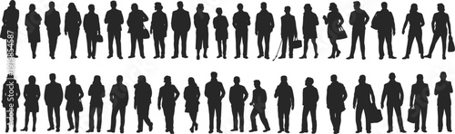 Two rows of black silhouettes of men and women standing with bags and coats Keywords: silhouette, people, standing, group