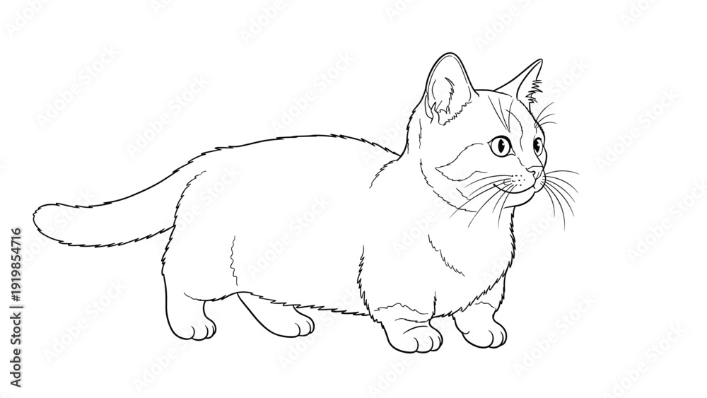 Fototapeta premium Simple line drawing of a small kitten with short legs walking sideways, ideal for a kids creative coloring book project.