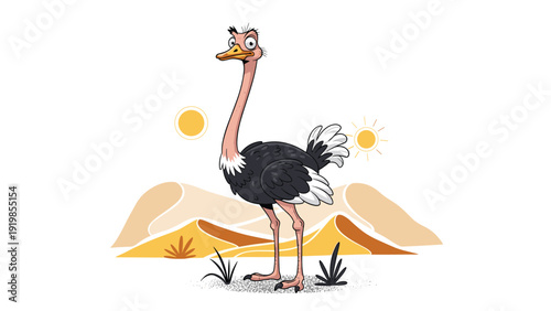 Funny ostrich standing in a hot desert landscape with sand dunes and bright suns in the background, vector illustration.