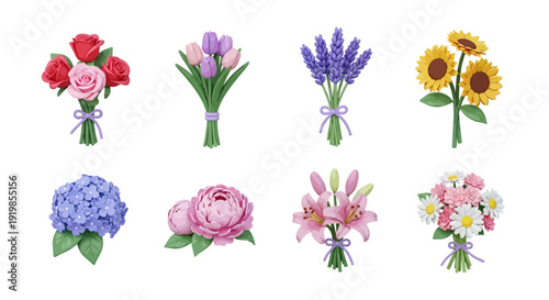 A vibrant collection of flower bouquets arranged in a grid, showcasing various floral arrangements and colors
