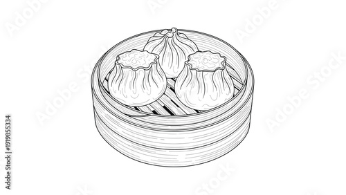 Traditional dim sum dumplings in a bamboo steamer basket presented in a clean black and white line art style for culinary menu projects.