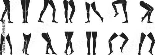 Vector illustration of human leg silhouettes in multiple dynamic positions including standing, walking, running, bending, anatomy motion design sketch collection reference