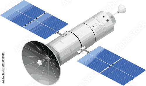 Space telescope vector illustration, Hubble style design, astronomy equipment artwork, cosmic exploration concept, solar panel arrays, scientific instrument profile, celestial observation tool
