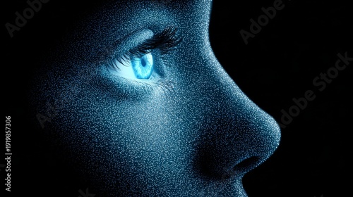 This close-up side profile shot shows a human eye glowing with bright cyan light, set against a deep dark grainy blue background, forming a surreal sci-fi visual effect.

