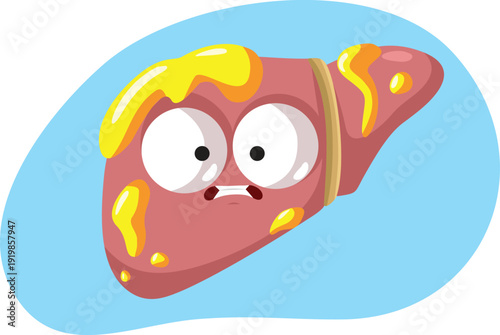 Fatty Liver Sick and Sad Vector Illustration. Unwell human organ affected by hepatic steatosis
