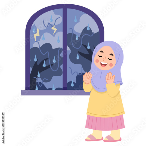 Illustration of Muslim Girl Praying During A Storm