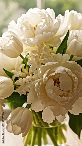 Elegant bouquet of fresh white peonies and tulips in a glass vase by a sunlit
