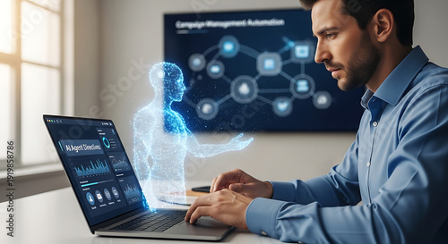 Artificial Intelligence Agent Managing Digital Marketing Promotion and Automation Technology for Corporate Advertisement Campaign Strategy with Professional Business Analytics and Global Outreach