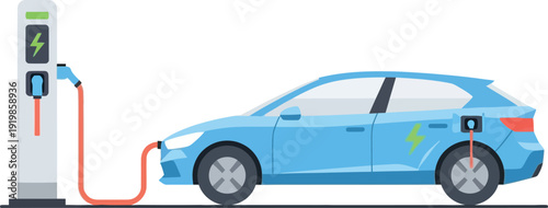 Electric car charging at a public charging station outdoors with a modern design and sleek appearance from a side viewpoint