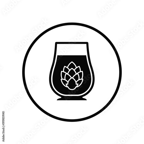 Black and white beer glass with hop cone