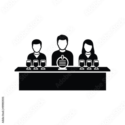 Black and white of people at a wine tasting event table