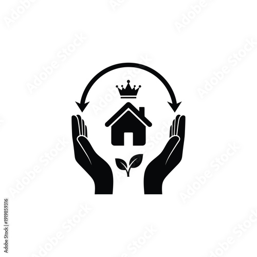 Black and white of hands holding house with crown and leaves
