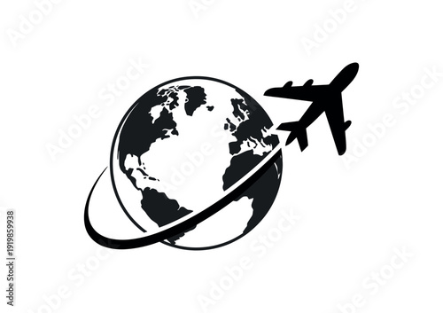 Global Travel and Aviation Logo Design featuring a stylized airplane orbiting the Earth globe, symbolizing international flight routes, worldwide tourism, and global logistics services.