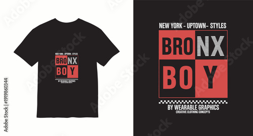 Bronx boy typography t-shirt design for urban streetwear apparel with red and black block graphic