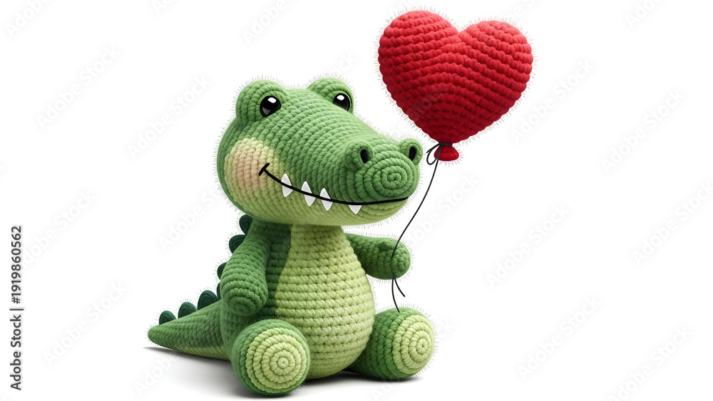 Obraz premium A smiling, crocheted alligator holds a red heart balloon, isolated on white