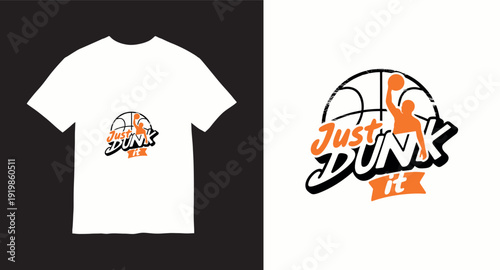 Basketball player silhouette dunks on basketball background with typography