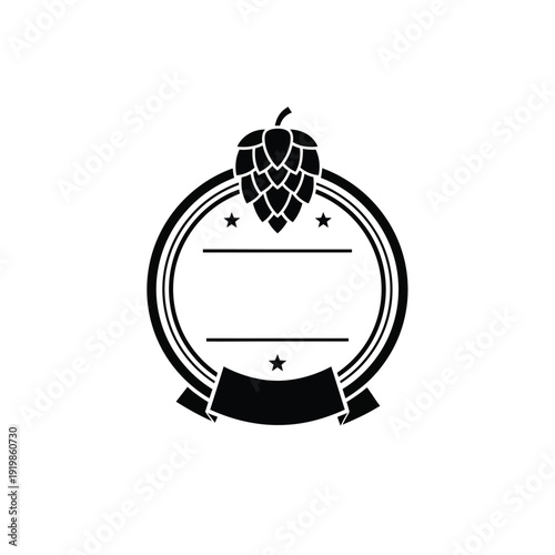 Black hop cone emblem with circular border and banner