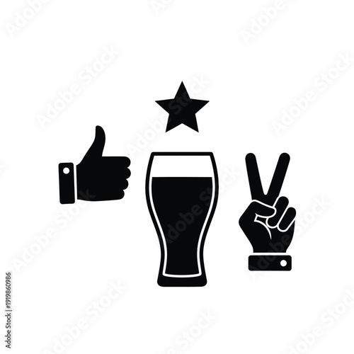 Black of thumbs up hand peace sign hand star and beer glass