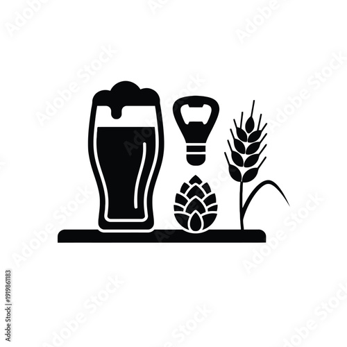 Black silhouette beer glass bottle opener hop plant