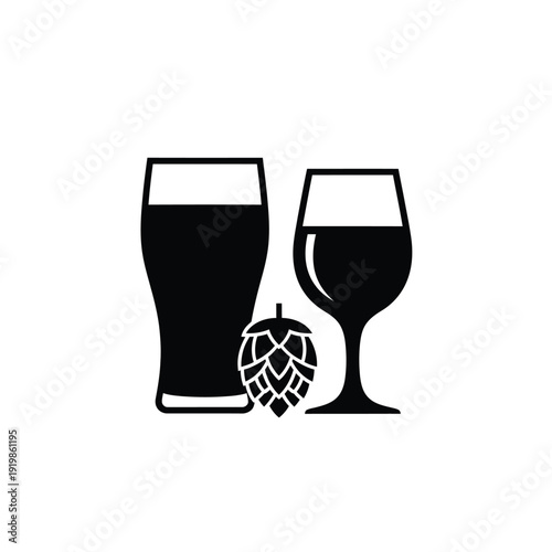 Black silhouette beer glass wine glass and hop cone