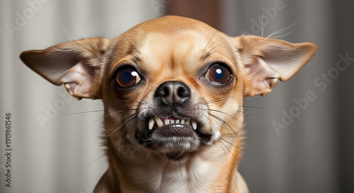 Close up portrait of a small tan chihuahua showing its teeth with a funny and grumpy facial expression
