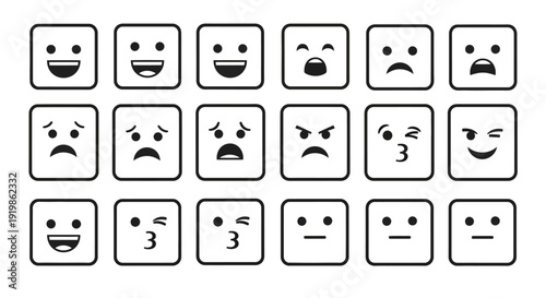 Collection of Various Black and White Emoticon Faces.