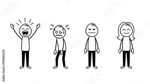 Four Simple Cartoon Characters Showing Emotions.