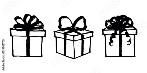 Set of hand drawn present box with ribbons Birthday present clipart Christmas gift Holiday doodle For design, print, web, decor, greeting card, sale