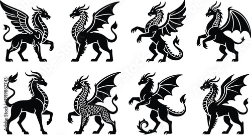 Intricate Medieval Mythological Dragon and Heraldic Wyvern Silhouette Set