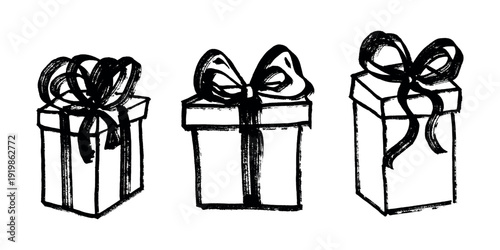 Set of hand drawn present box with ribbons Birthday present clipart Christmas gift Holiday doodle For design, print, web, decor, greeting card, sale