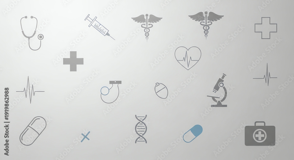 Fototapeta premium Collection of Medical and Scientific Icons Including Microscope DNA and Heart.
