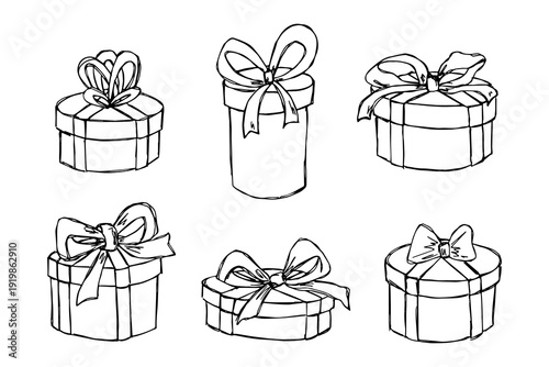 Set of hand drawn present box with ribbons Birthday present clipart Christmas gift Holiday doodle For design, print, web, decor, greeting card, sale