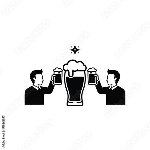 Two men clinking beer glasses with large foamy mug
