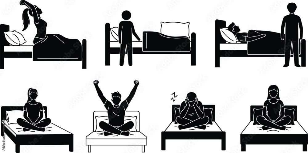 Ταπετσαρία Vector, stick, figure, icons, showing, morning, wake, up, routine, insomnia, sle