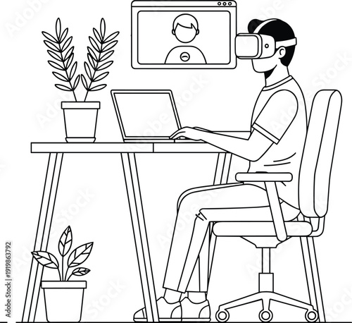 Virtual Reality Business Meeting Illustration, Professional Man Wearing VR Headset for Online Video Conference, Digital Workspace Technology, Futuristic Remote Communication.