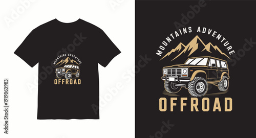 Mountains adventure offroad vehicle vintage t-shirt design with retro suv in front of scenic peaks