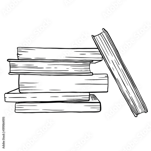 Illustration of a stack of books in black and white showing various thicknesses and a slightly tilted book on the side. Detailed illustration with fine line work and artistic details on clean white